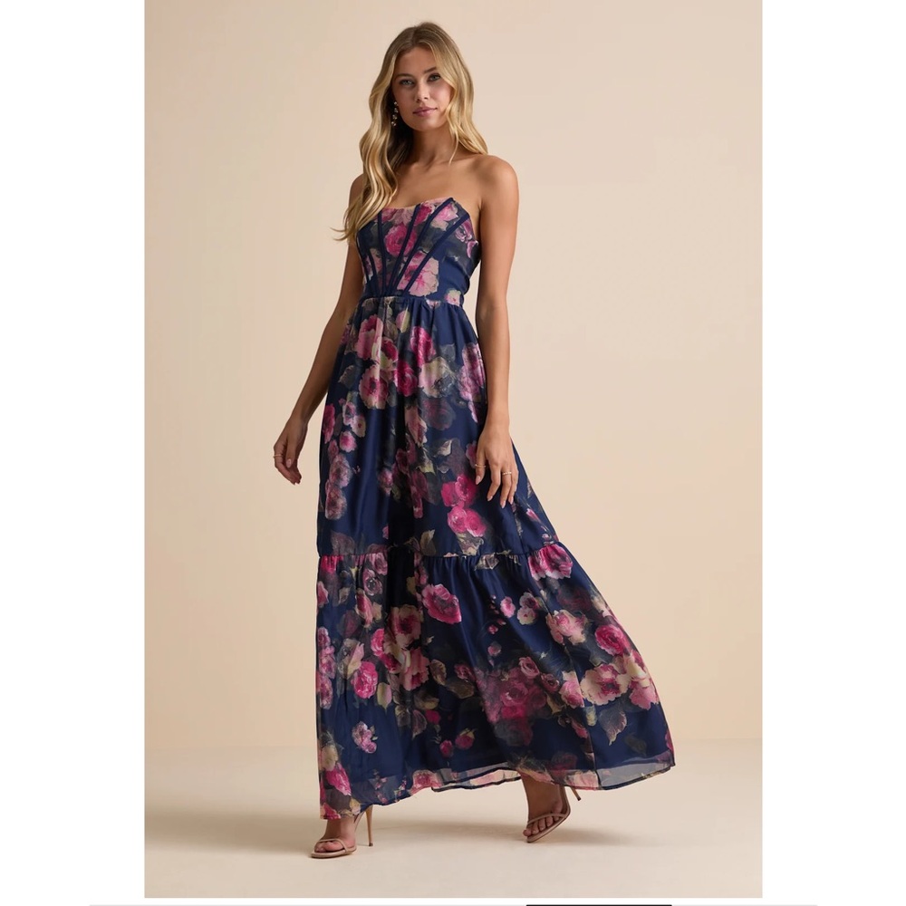 Lulu's Navy Strapless Floral Maxi Dress with Pink Blooms - Picture 3 of 15